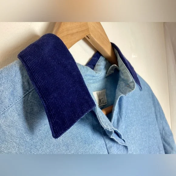Vtg Whitney Lang Chambray Shirt Size 8 Corduroy Contrast Trim Relaxed Country - Picture 3 of 9